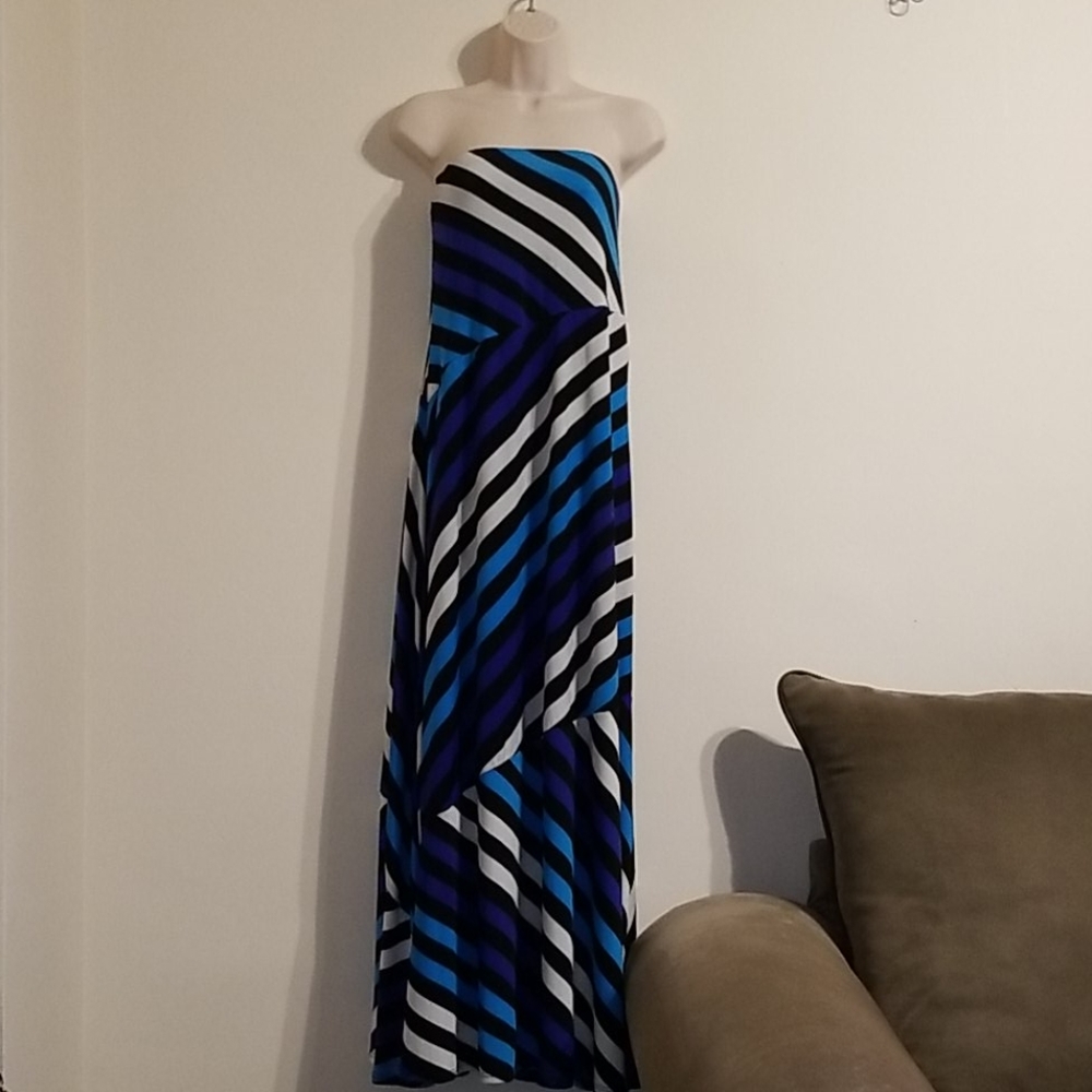 Ashley Stewart women's blue striped tube top dress - Picture 6 of 17